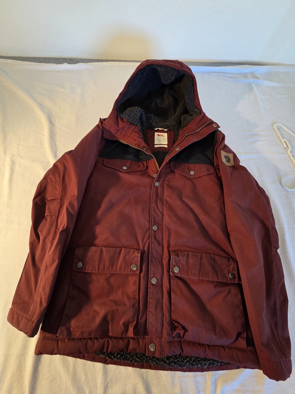 Fjall Raven Men's Hooded Winter Jacket - Burgundy. Size Medium. Has Been Waxed.